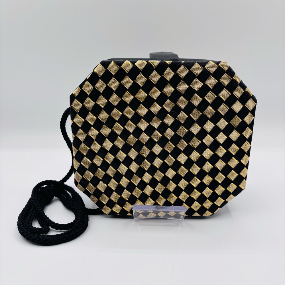 Accessory Lady Black Gold Metallic Geometric Octagon Crossbody  Bag With Mirror